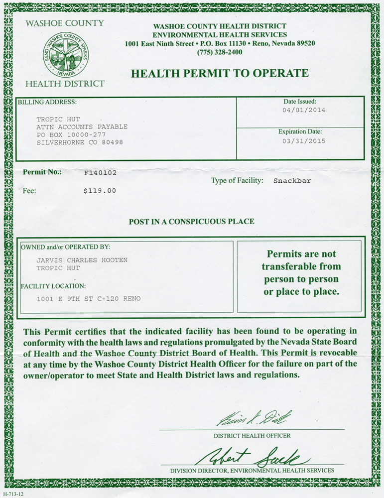 Tropic Hut Permits & Licenses